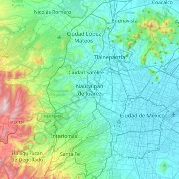 Mapa topográfico Naucalpan, altitud, relieve