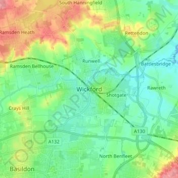 Mapa topográfico Wickford, altitud, relieve