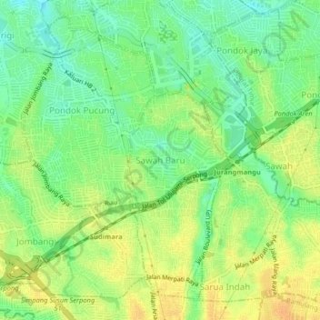 Mapa topográfico Sawah Baru, altitud, relieve
