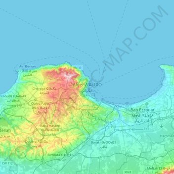 Mapa topográfico Argel, altitud, relieve