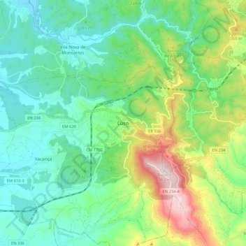 Mapa topográfico Luso, altitud, relieve