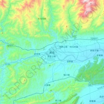 Mapa topográfico Mian Xian, altitud, relieve