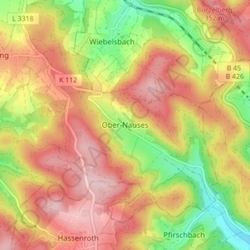 Mapa topográfico Ober-Nauses, altitud, relieve