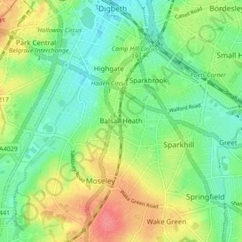 Mapa topográfico Balsall Heath, altitud, relieve
