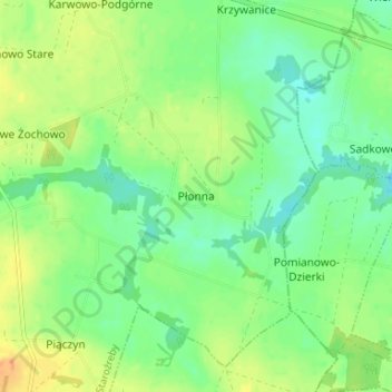 Mapa topográfico Płonna, altitud, relieve