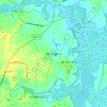 Mapa topográfico Pennygate, altitud, relieve