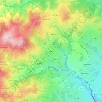 Mapa topográfico Le Charmay, altitud, relieve