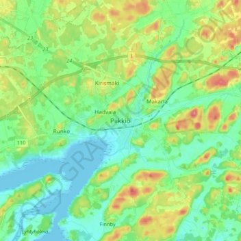 Mapa topográfico Piikkiö, altitud, relieve