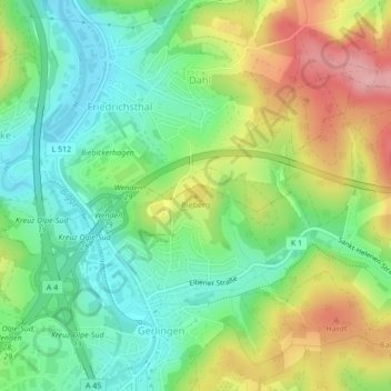 Mapa topográfico Bieberg, altitud, relieve