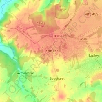 Mapa topográfico Heath End, altitud, relieve
