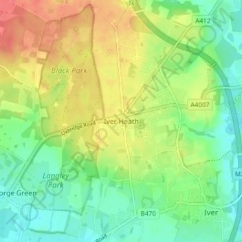 Mapa topográfico Iver Heath, altitud, relieve