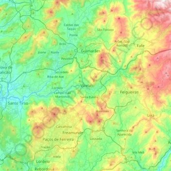 Mapa topográfico Vizela, altitud, relieve