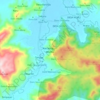 Mapa topográfico Kecamatan Monta, altitud, relieve