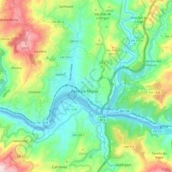 Mapa topográfico Peso da Régua, altitud, relieve