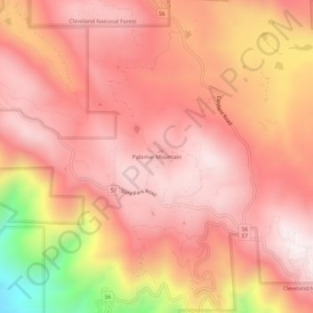 Mapa topográfico Palomar Mountain, altitud, relieve