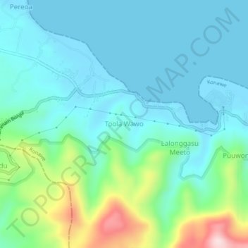 Mapa topográfico Toola Wawo, altitud, relieve