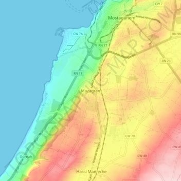 Mapa topográfico Mazagran, altitud, relieve