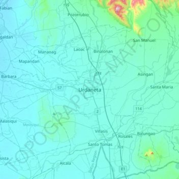 Mapa topográfico Urdaneta, altitud, relieve