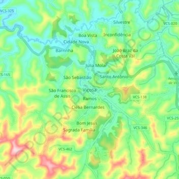 Mapa topográfico Viçosa, altitud, relieve