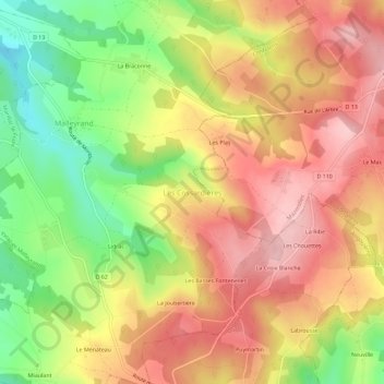 Mapa topográfico Les Cossardières, altitud, relieve