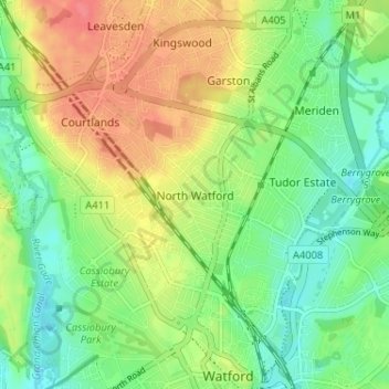 Mapa topográfico North Watford, altitud, relieve