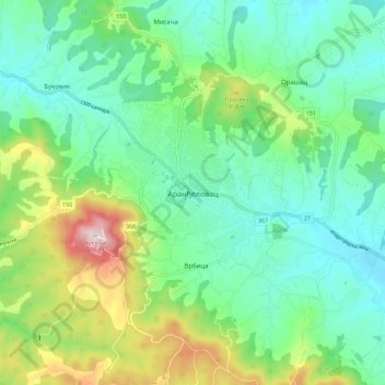 Mapa topográfico Arandjelovac, altitud, relieve
