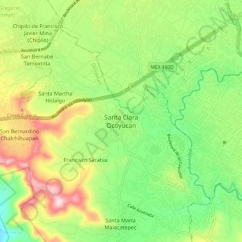 Mapa topográfico Santa Clara Ocoyucan, altitud, relieve