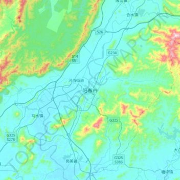 Mapa topográfico Yangchun, altitud, relieve
