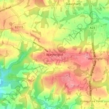 Mapa topográfico Warninglid, altitud, relieve