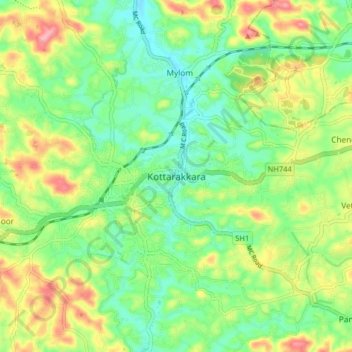 Mapa topográfico Kottarakkara, altitud, relieve