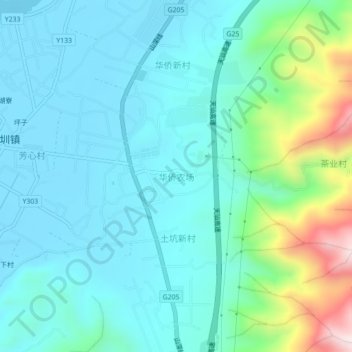 Mapa topográfico Huaqiao Farm, altitud, relieve