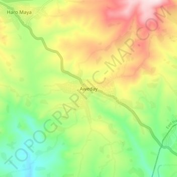 Mapa topográfico Aweday, altitud, relieve