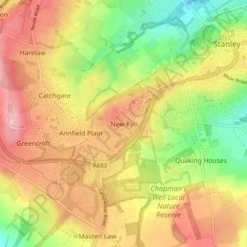 Mapa topográfico New Kyo, altitud, relieve