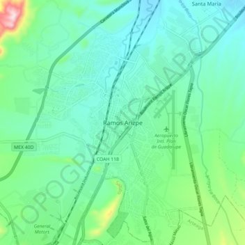 Mapa topográfico Ramos Arizpe, altitud, relieve