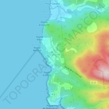 Mapa topográfico Mahault, altitud, relieve
