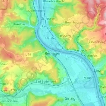 Mapa topográfico Remagen, altitud, relieve