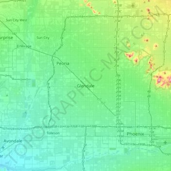 Mapa topográfico Glendale, altitud, relieve