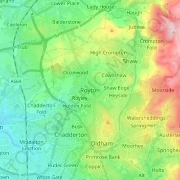 Mapa topográfico Royton, altitud, relieve