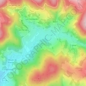 Mapa topográfico Les Fougerets, altitud, relieve
