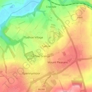 Mapa topográfico Tudhoe, altitud, relieve