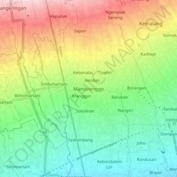 Mapa topográfico Manisrenggo, altitud, relieve