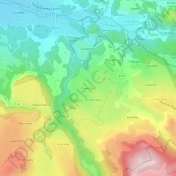 Mapa topográfico Prunet Bas, altitud, relieve