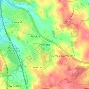 Mapa topográfico Corbriggs, altitud, relieve