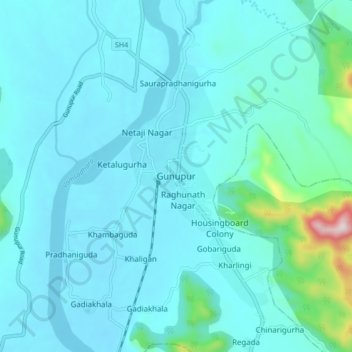 Mapa topográfico Gunupur, altitud, relieve
