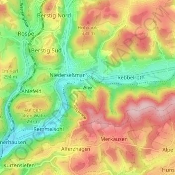 Mapa topográfico Ahe, altitud, relieve