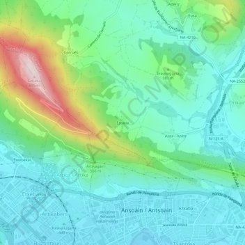 Mapa topográfico Ezcaba, altitud, relieve