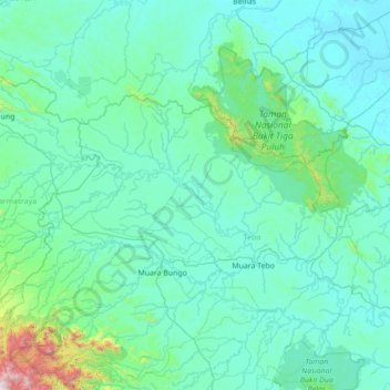 Mapa topográfico Tebo Ulu, altitud, relieve