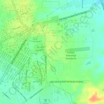 Mapa topográfico Kebun Raya ITERA, altitud, relieve