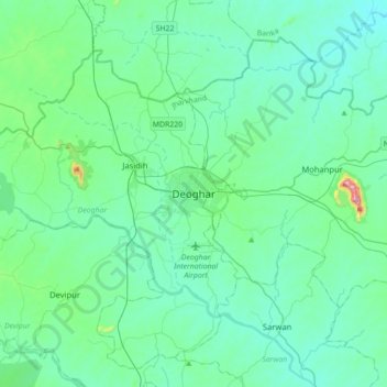 Mapa topográfico Deoghar, altitud, relieve