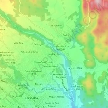 Mapa topográfico Los Carriles, altitud, relieve